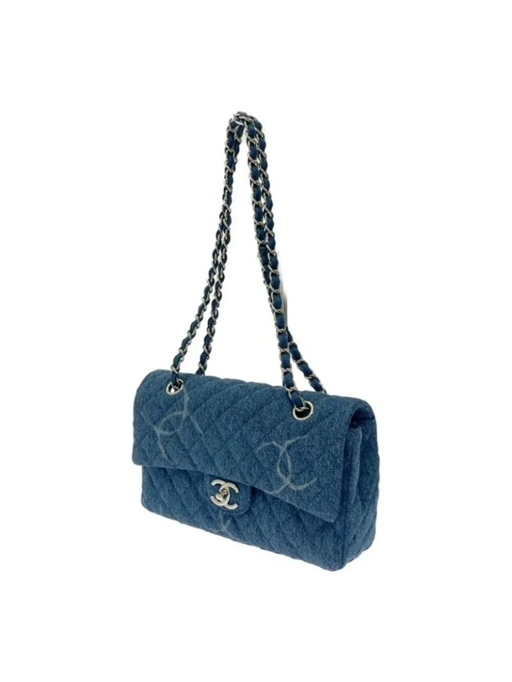 Chanel Quilted Denim Print Chain Shoulder Bag Blue